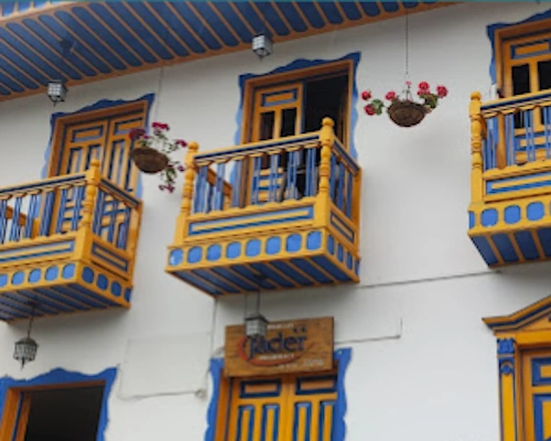 The Corner House Hostel Salento exterior and central location near the main square in the Coffee Region of Colombia.