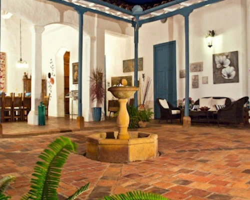 Casa Azul Barichara colonial house with blue details in the historic center of Barichara, Santander.